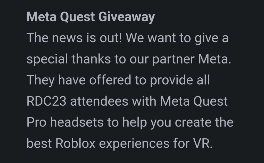 网传：Roblox开发者大会的参与人员都将获得免费的Meta Quest Pro